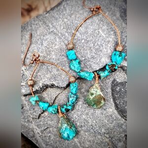 Natural & Raw Genuine Blue Turquoise In Handcrafted Antique Copper Earrings